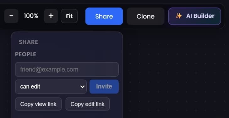 The People section of the Share menu, under the Share button: an email field, a can edit role picker, an Invite button, and Copy view link and Copy edit link buttons.