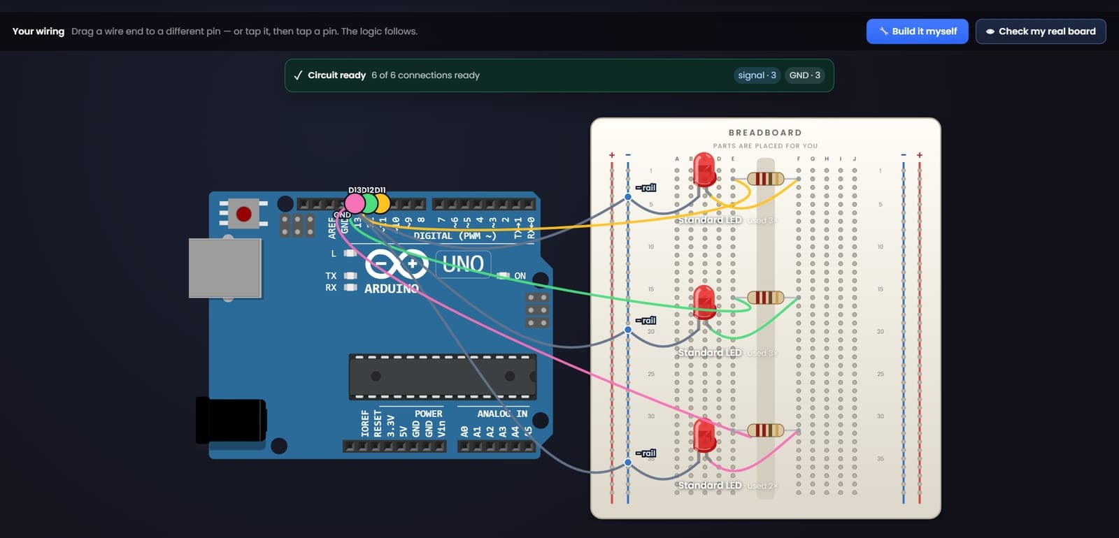 The Wiring stage for the Traffic Light project: an Arduino Uno wired to three LEDs and their resistors on a breadboard, a Circuit ready banner reading 6 of 6 connections ready, and the Build it myself and Check my real board buttons.